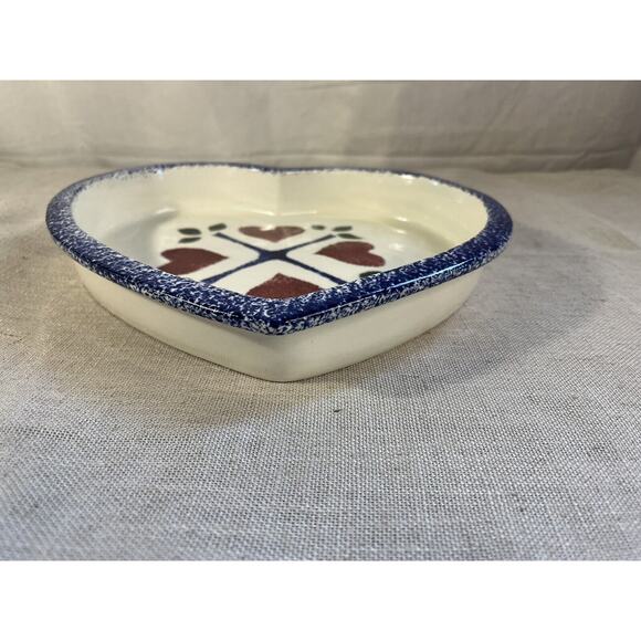 Ceramic Heart Baker White Red Blue Spongeware Serving Dish Flat Earth Clay Works - Picture 2 of 4